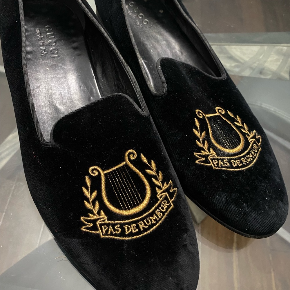 Gucci Black Velvet Loafers with Gold Lyre Embroidery